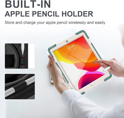 ZenRich Shockproof Case for iPad 9th/8th/7th Generation 10.2 inch 2021/2020/2019, Heavy Duty Rugged Case with Pencil Holder/360° Rotating Kickstand/Handle/Carrying Strap, EmeraldGreen