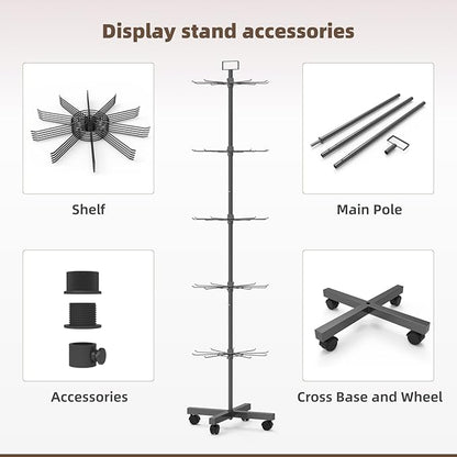 YEOOE Retail Display Racks 5 Tier Spinning Display Stand, Movable Shop Spinner Rack with Hooks, Retail Display Stand for Jewelry Keyring Hats Socks Toys (Black)