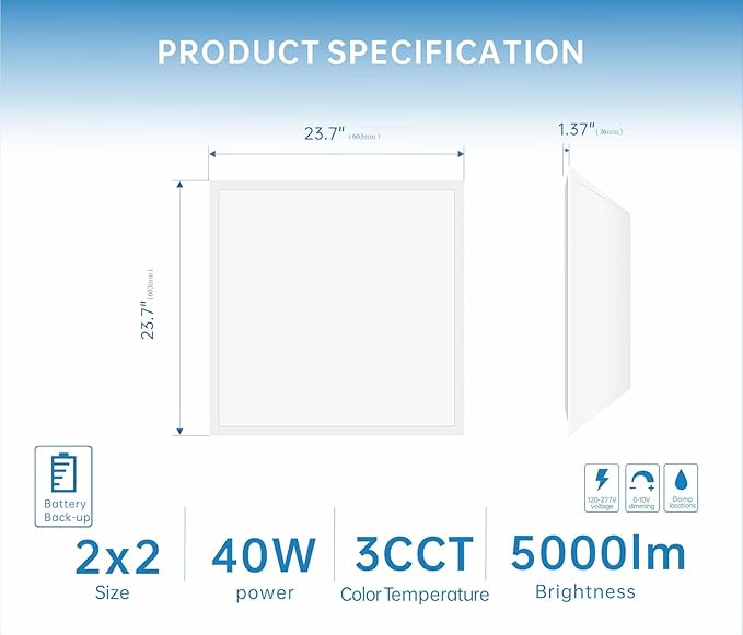 2X2 LED Flat Panel Light Emergency Battery Backup, 40W-3000K/4000K/5000K, 0-10V Dimmable, 4390 Lumens, LED Drop Ceiling Light, 100-277V, DLC and UL Listed, Ultra Thin Back-Lit (4 Pack)