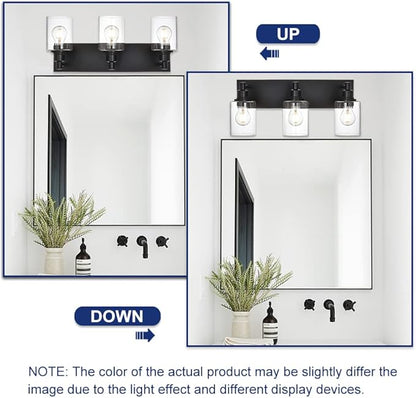 TODOLUZ Industrial Wall Sconce Lighting in Matte Black Finish, 3-Light Bathroom Vanity Light Fixtures with Clear Glass Shades (E26 Bulb Base)