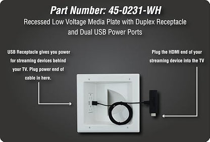 DATA COMM Electronics 45-0231-WH USB Recessed Media Outlet Box, In-Wall Cable Management, Duplex Receptacle,4.0 Amp Dual USB Ports, Large Cable Pass-Through, Design for Thin Mounts & TV, White