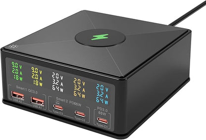 USB Charger Station Multi Port: Desktop 160W Power Fast Charging Hub Wall Block PD 3.0 – 5 Ports with Wireless Pad & Digital Display