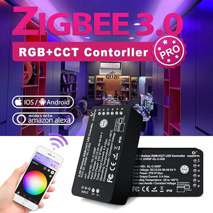 GLEDOPTO Zigbee3.0 RGBCCT LED Strip Controller Pro Alexa Voice/APP/Remote Control 16 Million Colors Changing Tape Light Controller Compatible with Amazon Echo Plus Tuya Smartthings