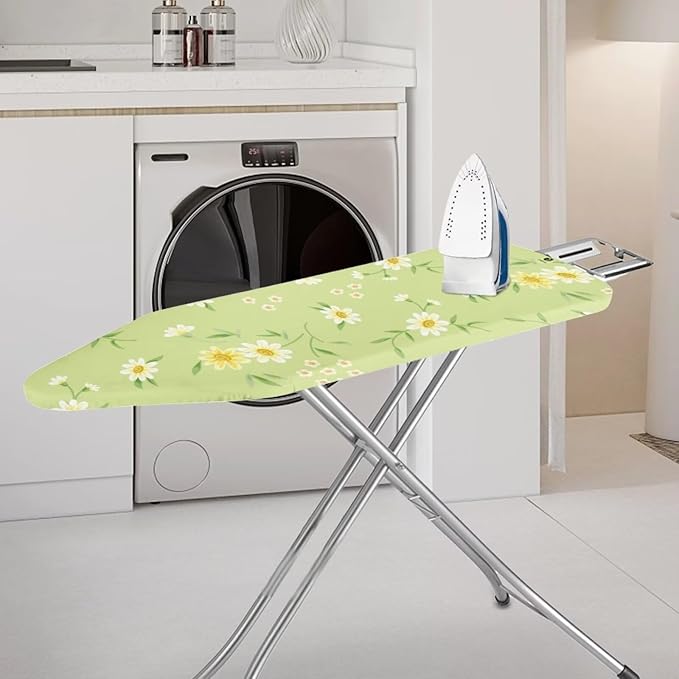 ZCFYGDX Fresh White Daisy Print Ironing Board Cover, Resist Scorching & Staining, Easy to Install Resistant Elastic Edges, 3 Nylon Buckle Straps Fasteners, Protective Scorch Cloth Covers Size-L