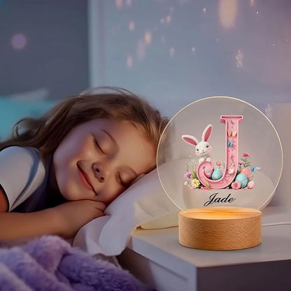 idooodle Personalized Pink Bunny Easter Egg 3D Initial LED Night Light with Name & Wooden, Base Room Decor, Birthday Party Easter Gift for Kids