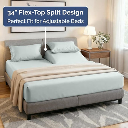Split Head King Sheet Set – 4 Piece Flex Split Top King Sheets for Adjustable Beds - Fits 14” to 16" Mattress w/ Deep Pockets - Soft, Breathable & Cooling - Luxury Bedding and Wrinkle Free - Ice Blue