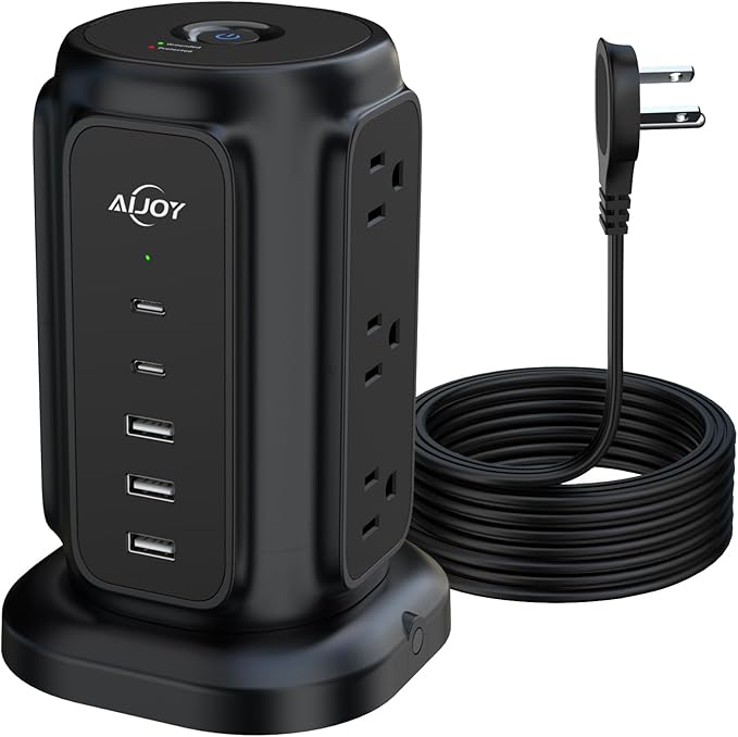 AiJoy Power Strip Tower with 9 AC Outlets and 5 USB Ports (2 USB-C), Flat Plug 1625W 6.5ft Extension Cord, 1200J Surge Protector Charging Station for Home, Office & Dorm