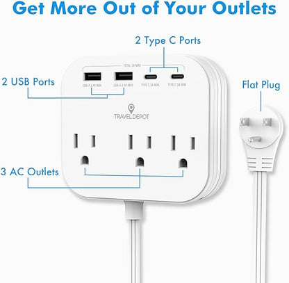TRAVEL DEPOT Cruise Essentials Flat Plug Power Strip, Durable 5 ft Extension Cord w/ 3 Outlets Extender & Built-In Type C Cable, 2 USB & 2 USB-C Ports, No Surge Protector for Cruise Travel, Dorm, Home