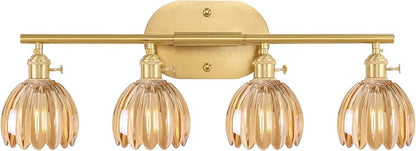 Shenmoyl Bathroom Light Fixtures, 4-Light Brass Vanity Wall Light Over Mirror with Amber Tulip Glass Shade for Bedroom Living Room (Bulb Not Included)