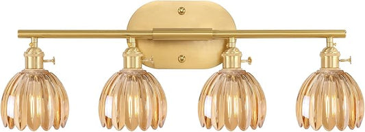 Shenmoyl Bathroom Light Fixtures, 4-Light Brass Vanity Wall Light Over Mirror with Amber Tulip Glass Shade for Bedroom Living Room (Bulb Not Included)