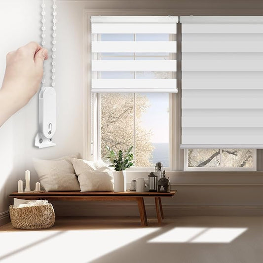 FOIRESOFT Standard Blackout Zebra Roller Blinds [Bonita, Pure White, W 48 x H 64inch] Dual Layer Privacy Shade, Room Darkening, Select 1x1 for Custom