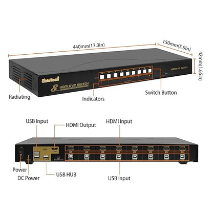JideTech HDMI USB KVM Switch 8 Port Up to 4K@30Hz Resolution with USB 2.0 Hub Support Hotkey Mouse Switching for Linux, Windows, Mac, Unix