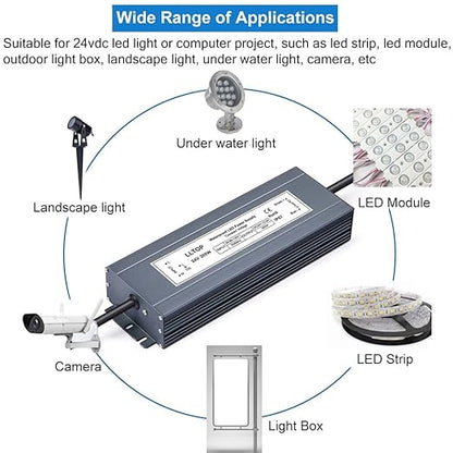 LLTOP LED Power Supply 24V 12.5A 300W LED Driver AC90-130V to 24VDC Converter Low Voltage Transformer Waterproof for Indoor Outdoor LED Lighting