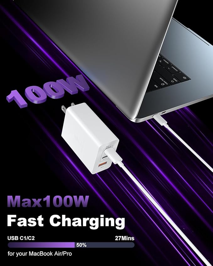 USB C Charger Block 100W, 3-Port GaN Super Fast Charger, Type C Wall Charger Adapter with 10ft USB C Charging Cable for MacBook Pro/Air,iPad Pro, iPhone 16/15Pro, S25/S24/S23 and More[2 Pack]