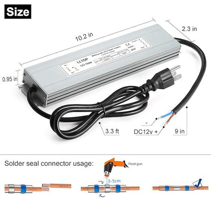 LED Power Supply 150 Watts LLTOP Waterproof IP67 LED Driver 100-264V AC to 12V DC 12.5A Low Voltage Transformer Converter Ultra Slim Power Adapter for Indoor Outdoor LED Lights