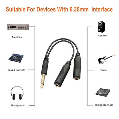 TISINO 6.35mm (1/4 inch) Jack Splitter Cable, 20cm (8 inches), Headphone Splitter Cable, Splitter, Stereo Male to Dual Stereo Female Jack, Compatible with Headphone, Amplifier, Karaoke