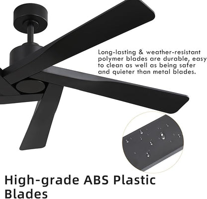 WINGBO 64" ABS DC Ceiling Fan No Light, 5 Blade ABS Plastic Ceiling Fan with Remote, 6-Speed Reversible DC Motor, Ceiling Fans without Light for Kitchen Bedroom Living Room, Matte Black