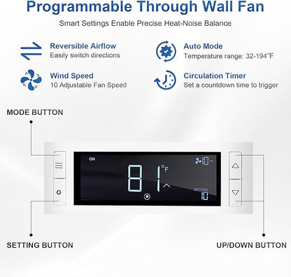 8" Room to Room Air Transfer Fan for Quietly Circulating Air, Reversible Airflow Design, 300 CFM Programmable Through Wall Fan, Durable Build Quality, 10 Speed Thru Wall Exhaust Fan for Closet,Laundry