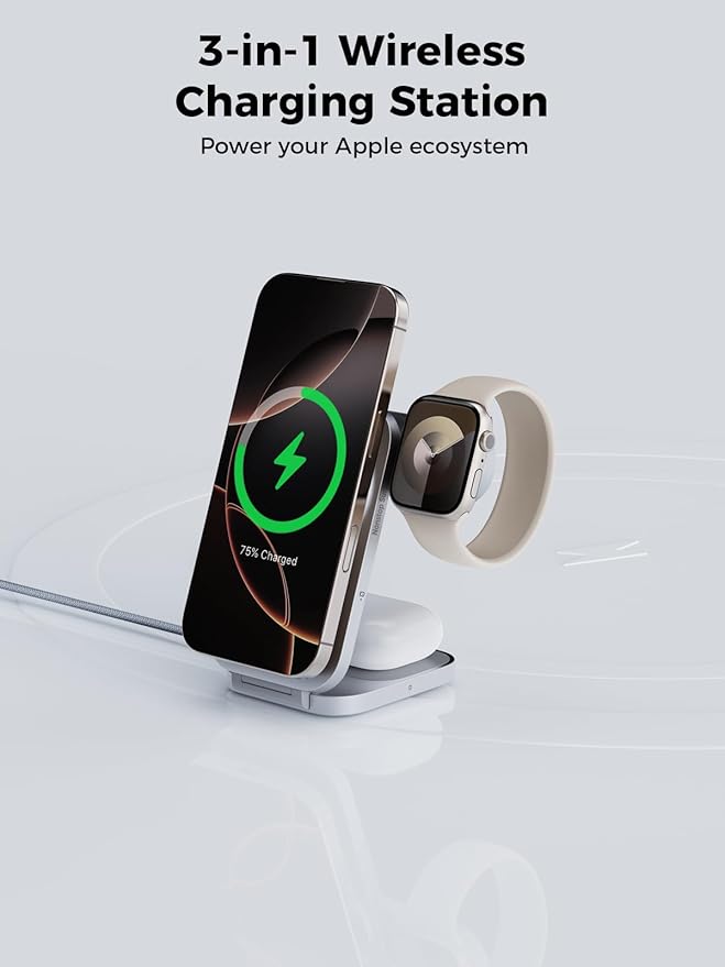 MagFusion Z 3-in-1 Charging Station Compatible with MagSafe, Qi2 Certified 15W Wireless Foldable Charger, for iPhone 16/15/14/13/12, AirPods 4/3/2/Pro, Apple Watch Charger, Silver