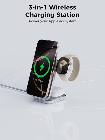 MagFusion Z 3-in-1 Charging Station Compatible with MagSafe, Qi2 Certified 15W Wireless Foldable Charger, for iPhone 16/15/14/13/12, AirPods 4/3/2/Pro, Apple Watch Charger, Silver