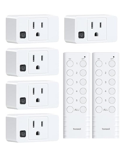 Wireless Remote Control Outlet, 200FT Long Range Remote Light Switch, Mini Remote Outlet Plug, 15A/1875W High-Power for Lamps, Lights, Household Appliances, FCC & ETL Listed (5 Outlets + 2 Remotes)