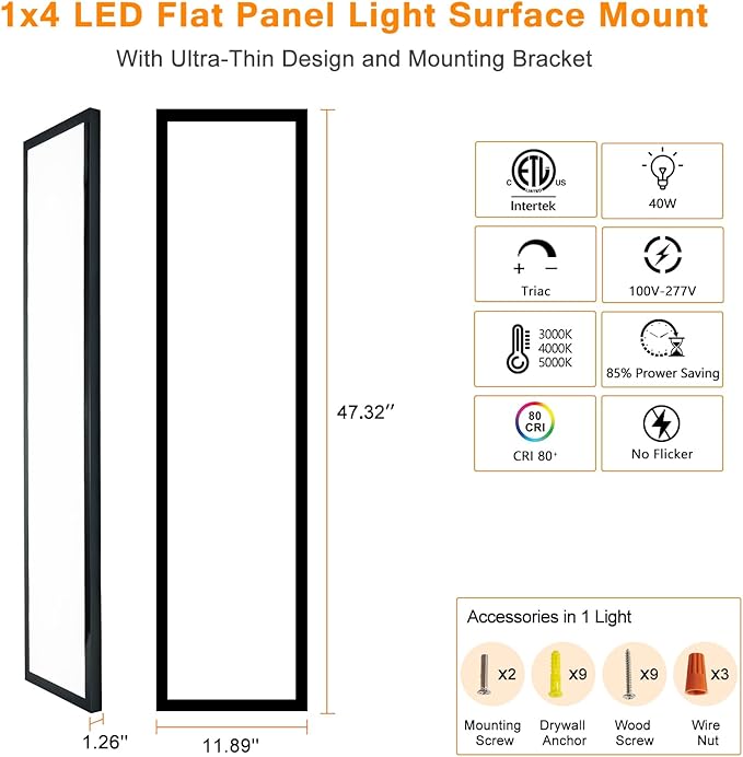 Mcacggo Black 1x4 LED Flat Panel Light Surface Mount, 5000K-4000K-3000K Selectable & Triac Dimmable, Rectangular Flush Mount Ceiling Light for Kitchen Garage, 40W, 100-277V, ETL, 2 Pack
