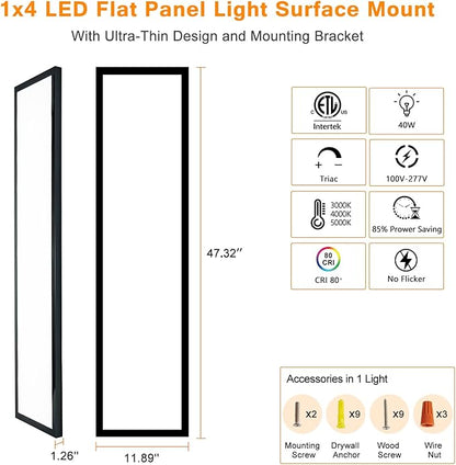 Mcacggo 12-Pack Black 1x4 LED Flat Panel Light Surface Mount, 5000K-4000K-3000K Selectable & Triac Dimmable, for Kitchen, Garage, 40W, 100-277V, ETL