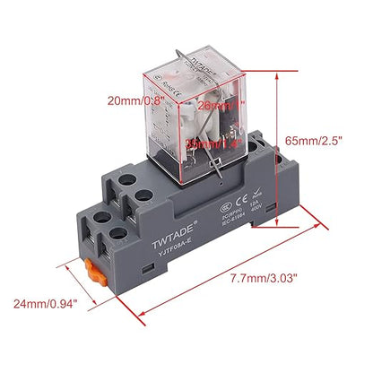 TWTADE/AC 24V Relay 10A Electromagnetic Power Coil Relay 8 Pins DPDT 2NO+2NC with Indicator Light and Socket Base -YJ2N-LY