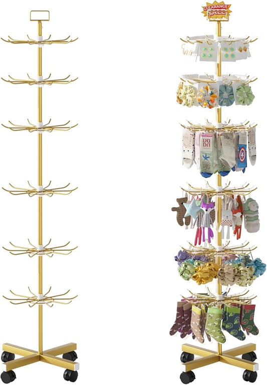Exttlliy Retail Display Stand Store Display Rack 6 Tier Metal Spinning Display Stand Rack with Wheels Keychain Jewelry Stocking Hat Stand with Hooks for Malls, Showroom, Retail Store (6 Tier Gold)