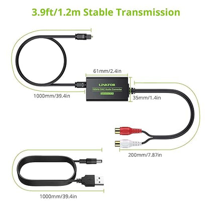 LiNKFOR 192kHz DAC Converter Digital to Analog Converter Digital Optical SPDIF Toslink to Analog Stereo Audio RCA L/R Audio Adapter with Optical Cable for HDTV Blu Ray DVD Amps (RCA Female)