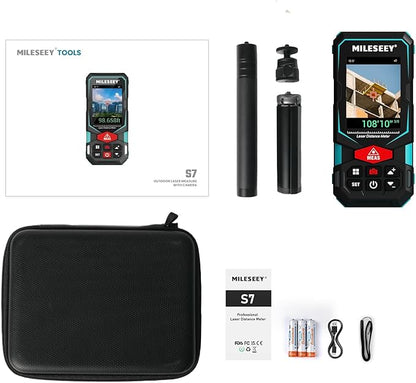 MILESEEY 330Ft Outdoor Laser Measure with Camera Viewfinder, Includes Adjustable Aluminum Tripod with Portable Handle and Protection Case for Protection and Organization