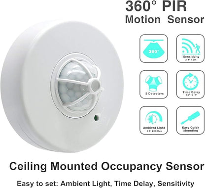 Sensky 360 Degree Ceiling Occupancy Sensor PIR Motion Sensor Switch with 3 detectors,10-40ft High Sensitive Ceiling Motion Sensor Light Switch(110V-240VAC)