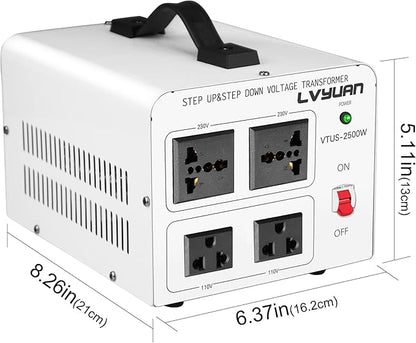 LVYUAN 2500 Watt Voltage Transformer Converter Step Up/Down Converter 110/120 Volt - 220/240 Volt with 2 US outlets, 2 Universal outlets and CE Certified,Circuit Break Protection