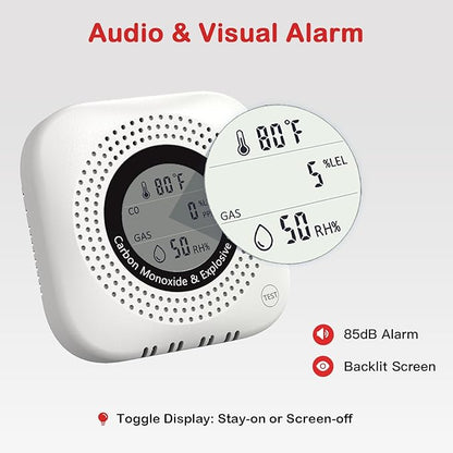 4-in-1 Carbon Monoxide & Natural Gas Leak Detector, Foldable Plug-in CO/Gas Alarm with Temperature & Humidity Display for Home, Apartment, RV