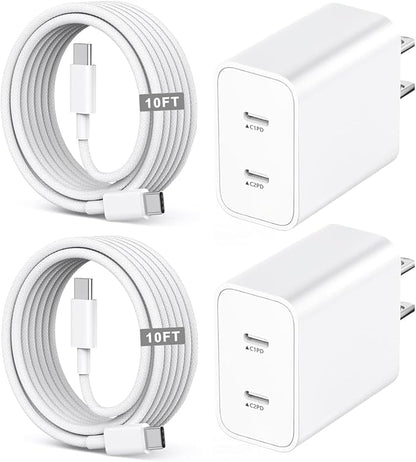 iPhone 17/16/15 Fast Charger,2-Pack USB C 2in1 Dual PD Charging Block with 10FT Long Type C to C Woven Charger Cable for Apple iPhone 17 Pro Max/17 Pro/Air/iPhone 16 Pro Max/16e/15 Pro/15 Plus