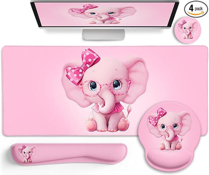 LIMKRIAN Elephant Mouse Pad Desk Mat Set, Kawaii Gaming Ergonomic Mouse Pad with Wrist Support Wrist Rest for Computer Keyboard Cup Coaster, Cute Pink Elephant Office Supplies Desk Decor Accessories