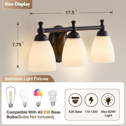 EJIAXIN Vanity Lights for Bathroom, 3-Light Modern Vanity Light Over Mirror Black Bathroom Light Fixture Bedroom Wall Sconces Lighting for Living Room Cabinet