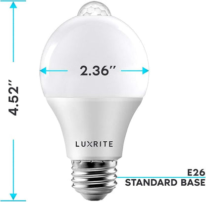 LUXRITE A19 LED Motion Sensor Light Bulbs, 60W Equivalent, Motion Activated Dusk to Dawn Sensor, 3000K Soft White, 800 Lumens, Security Light Bulb, Indoor/Outdoor, UL Listed, E26 Base (6 Pack)