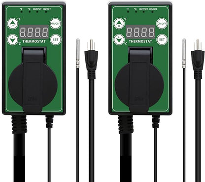 COOS BAY Digital Thermostat Controller -4 to 108°F, Temperature Control for Greenhouse Heater, Heat Mat, Grow Tent, Garage, Reptile Enclosure, Homebrew, Seedling, 15A/1500W, Green, 2 Pack
