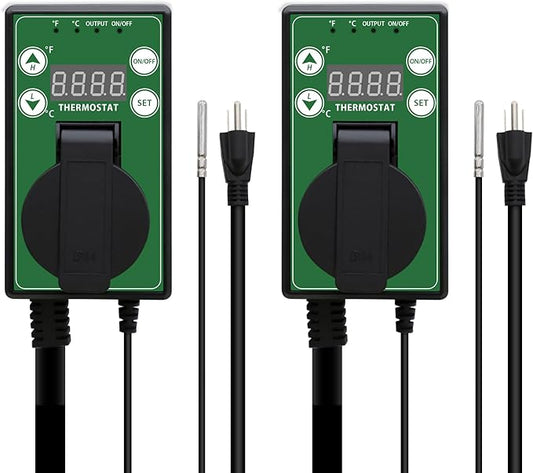 COOS BAY Digital Thermostat Controller -4 to 108°F, Temperature Control for Greenhouse Heater, Heat Mat, Grow Tent, Garage, Reptile Enclosure, Homebrew, Seedling, 15A/1500W, Green, 2 Pack