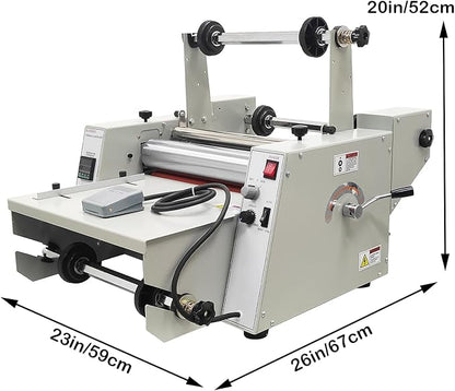 WYDDDARY 14.17"/360MM Electric Steel Roller Thermal Laminator with Winding Mechanism Hot Cold Roll Laminator Adjustable Temp 60-130℃ Electric Laminating Machine for Single/Double Sided Laminating