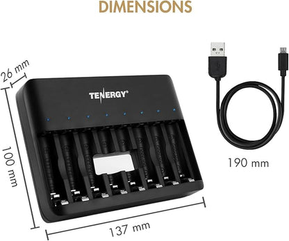 Tenergy TN477U 8-Bay Fast Charger with 8 Pack AA Premium Pro Rechargeable Batteries