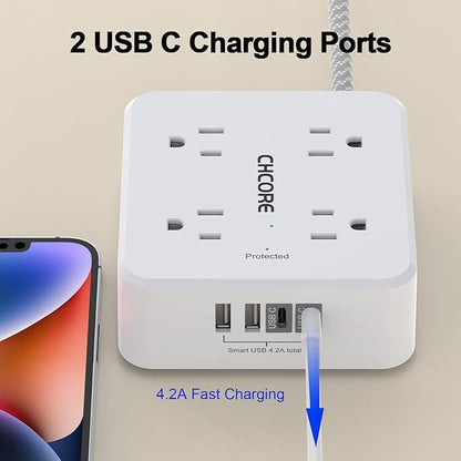 Surge Protector Power Strip - CHCORE 20Ft Braided Extension Cord with 8 Outlets with 4 USB (2 USB C) Charging Ports, Flat Plug Multi Plug Outlet Extender Charging Station for Home Office, ETL, White