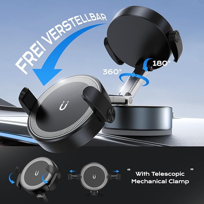 360° Rotation Clip on Car Phone Mount, 2 IN 1 Adjustable Magnetic Car Phone Holder Vacuum Suction Cup Phone Stand Foldable Cellphone Mount with Concealable Ears for All Smartphones