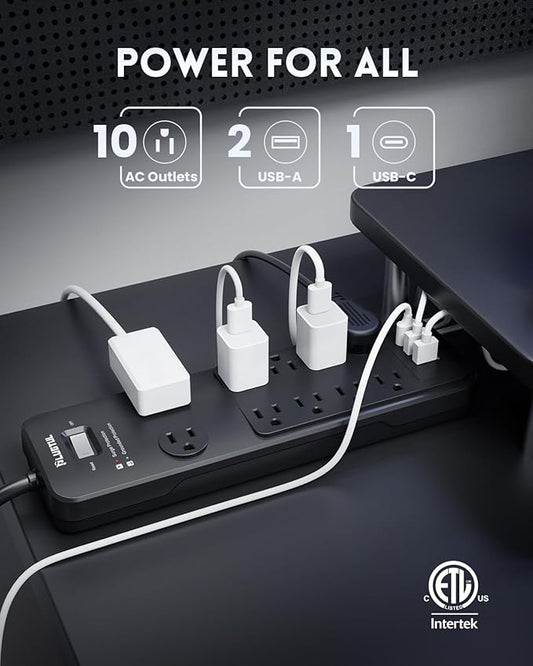 Surge Protector Power Strip 10FT, PLUGTUL Surge Protector with 10 Outlets - Spacious Design for Large Plugs, Flat Plug, 20W USB C Charging for Home, Office, ETL Listed，2040J