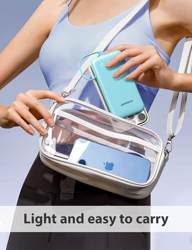 Alongza Portable Charger Built-in Cables and AC Wall Plug, Slim Fast Charging Power Bank 10000mAh, Lightweight USB C External Battery Pack Compact Travel Cell Phone Charger