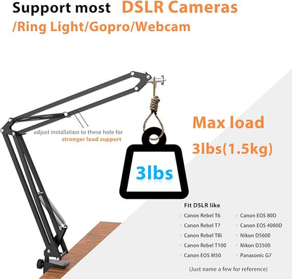 Overhead Tripod for DSLR Cameras, Heavy Duty Camera Desk Mount Stand with Flexible Articulating Boom Arm, Cam Holder Table Clamp for Canon Nikon Sony Fuji SLR Mirrorless Video Recording