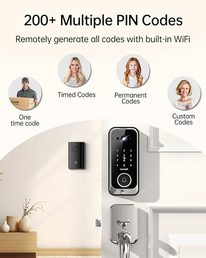 Hornbill Video Smart Lock with Camera: 10-in-1 Ring+2K Camera+Doorbell+Fingerprint Keyless Entry Door Lock, Built-in WiFi Deadbolt(only 2.4G), Two-Way Audio/App Remote Control/PIR, Satin Nickel