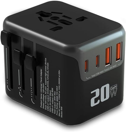 Universal Travel Adapter,adaptador de enchufe de pared internacional de CA de 20 W,cargador de viaje de 2 puertos USB C y 2 puertos USB para EE.UU.UE Reino Unido y Australia