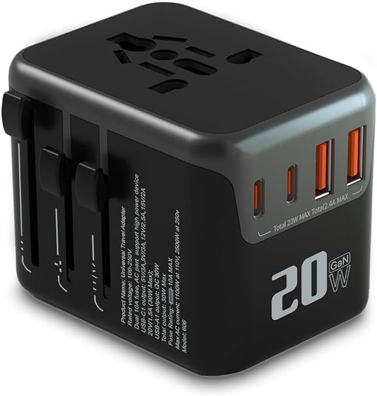 Universal Travel Adapter,adaptador de enchufe de pared internacional de CA de 20 W,cargador de viaje de 2 puertos USB C y 2 puertos USB para EE.UU.UE Reino Unido y Australia
